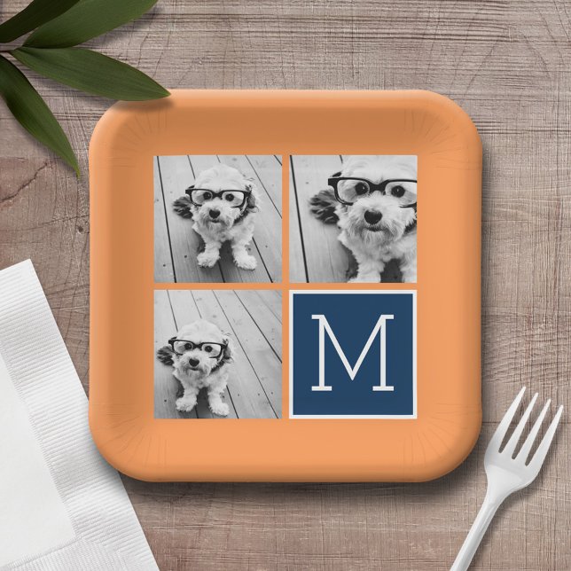 Assiettes En Carton Monogramme de collection de photos orange et marin (Personalized party plates with a photo collage and text)