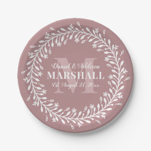 Assiettes En Carton Monogramme de couronnes roses à deux jeunes mariés