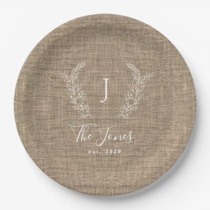 Assiettes En Carton Monogramme de famille personnalisé en toile de jut