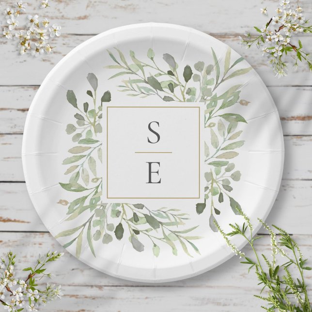 Assiettes En Carton Monogramme de feuillage de verdure Mariage (Greenery Foliage Monogram Initials Wedding Paper Plates)