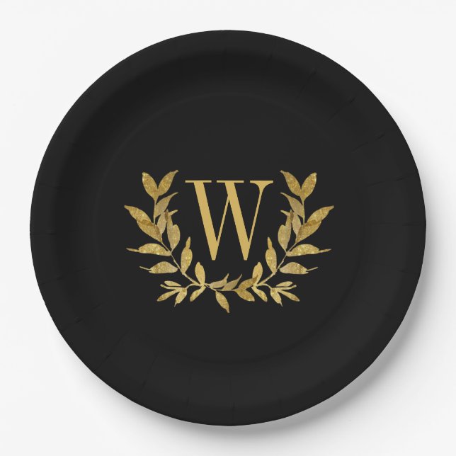 Assiettes En Carton Monogramme de feuille d'or noir Élégant Mariage ch (Devant)