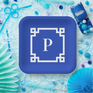 Assiettes En Carton Monogramme de la bordure de clé grecque blanche et