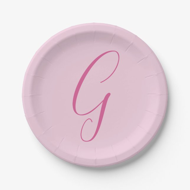 Assiettes En Carton Monogramme de lettre initiale rose clair chic uni (Devant)