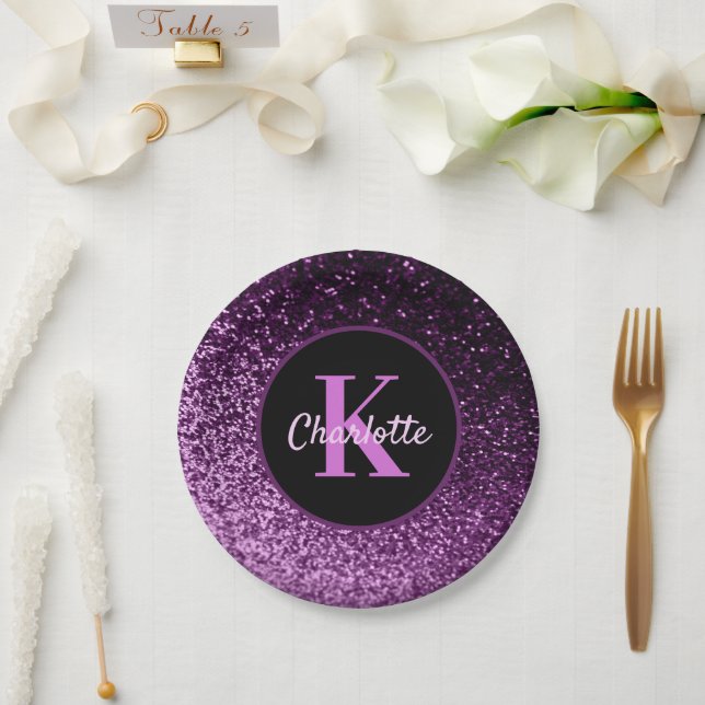 Assiettes En Carton Monogramme de luxe pailleté rose violet pour anniv (Mariage)