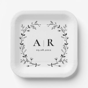 Assiettes En Carton Monogramme de mariage à défilement de vigne, Initi