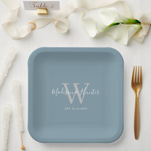 Assiettes En Carton Monogramme de Mariage bleu foncé moderne (Mariage)