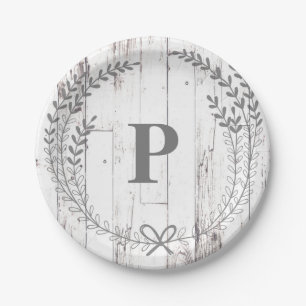Assiettes En Carton Monogramme de mariage de ferme rustique en bois bl