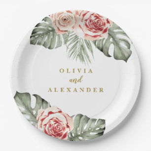Assiettes En Carton Monogramme de mariage Palmier Tropical et Roses