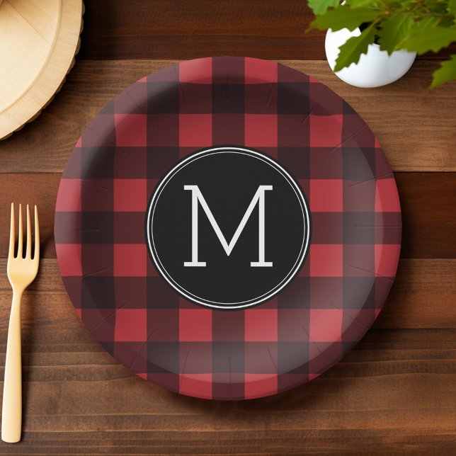 Assiettes En Carton Monogramme de Motif de Buffle Noir Rouge Rustique (Custom Party Plates)