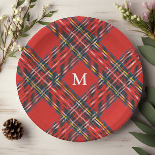 Assiettes En Carton Monogramme de Noël Rouge Tartan