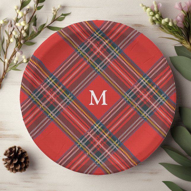 Assiettes En Carton Monogramme de Noël Rouge Tartan (Créateur téléchargé)