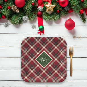 Assiettes En Carton Monogramme de Noël rustique Nom Red Green Plaid