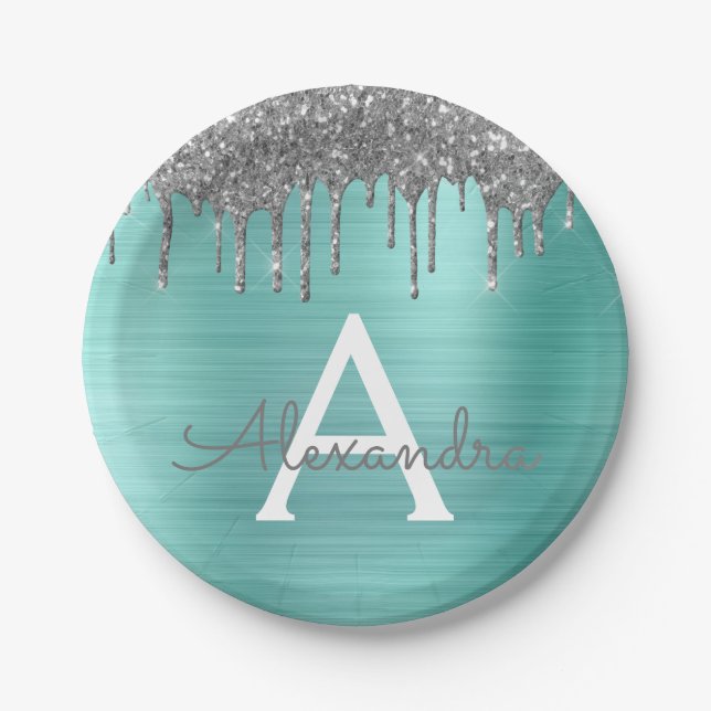 Assiettes En Carton Monogramme de nom en métal brossé pailleté sarcell (Devant)