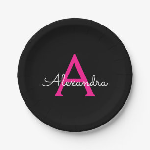 Assiettes En Carton Monogramme de nom féminin écriture noir rose chaud
