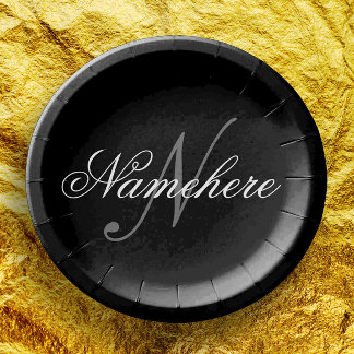 Assiettes En Carton Monogramme de nom noir et blanc personnalisé uniqu