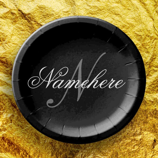 Assiettes En Carton Monogramme de nom noir et blanc personnalisé uniqu (Créateur téléchargé)