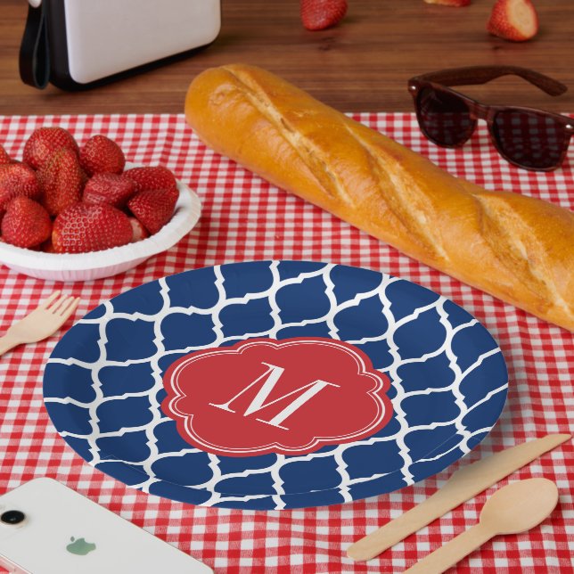 Assiettes En Carton Monogramme de Quatrefoil rouge blanc et bleu maroc (Pique-nique)