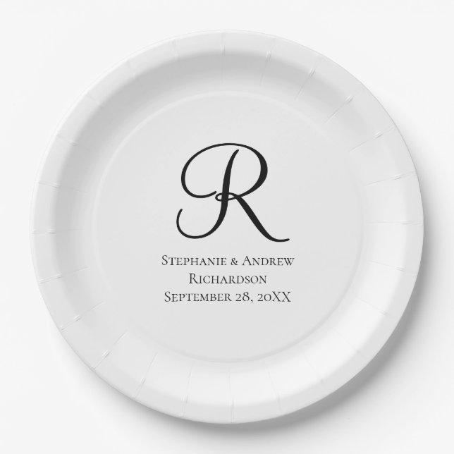 Assiettes En Carton Monogramme de script noir blanc élégant mariage (Devant)