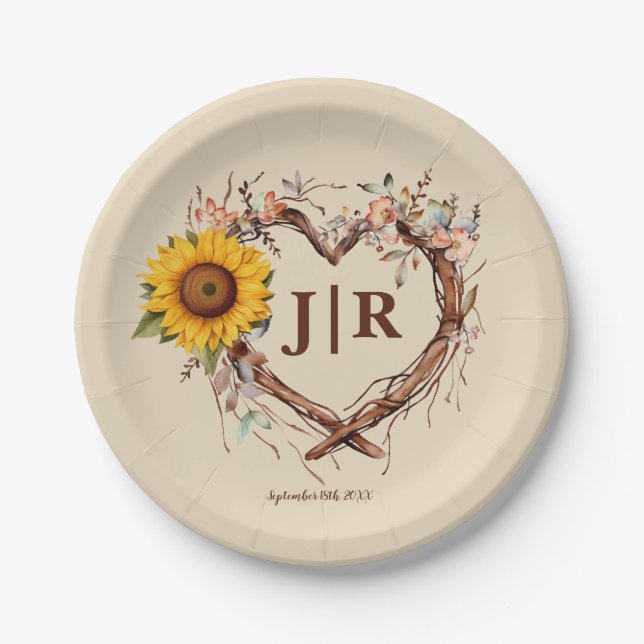 Assiettes En Carton Monogramme de tournesol rustique Mariage Branche c (Devant)