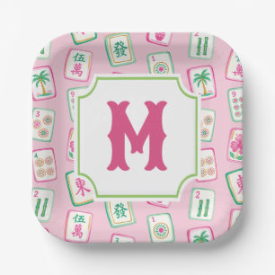 Assiettes En Carton Monogramme de tuiles de Mahjong Rose & Vert Palm B