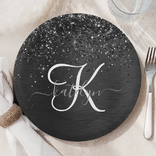 Assiettes En Carton Monogramme d'étincelle à Parties scintillant noire