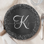 Assiettes En Carton Monogramme d'étincelle à Parties scintillant noire<br><div class="desc">Personnalisez facilement ce design élégant et branché de plaque en papier avec une jolie parties scintillant brillante noire sur un arrière - plan métallique brossé noir.</div>
