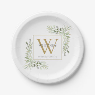 Assiettes En Carton Monogramme d'or Élégant Plaque de papier vert mode
