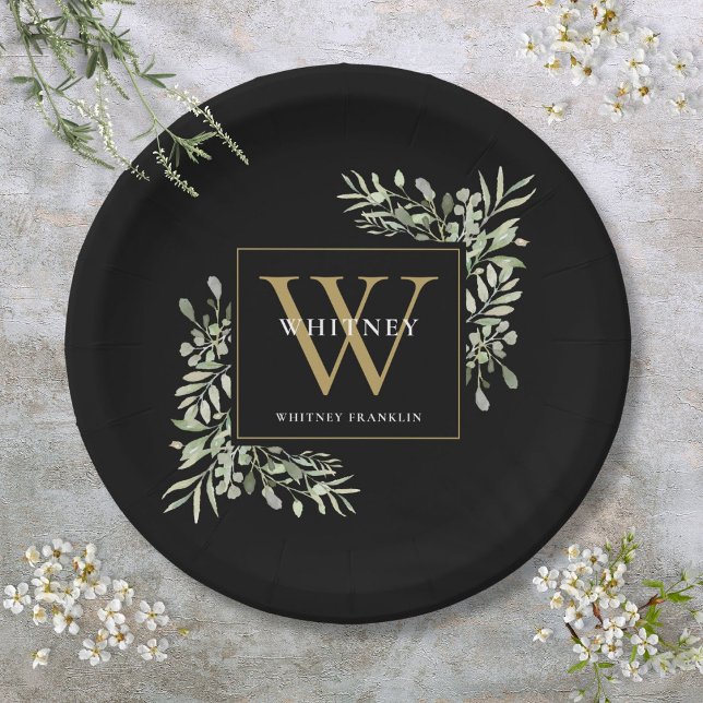 Assiettes En Carton Monogramme d'or noir Élégant vert moderne (Black Gold Monogram Elegant Modern Greenery Paper Plates)
