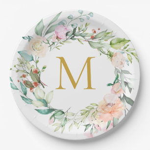 Assiettes En Carton Monogramme d'or Rose Garland Floral