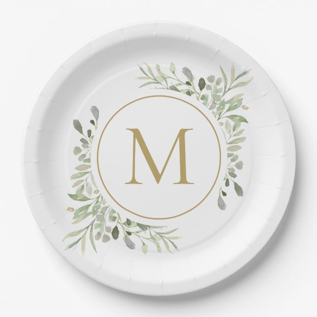 Assiettes En Carton Monogramme doré Feuillage de verdure Eucalyptus (Devant)