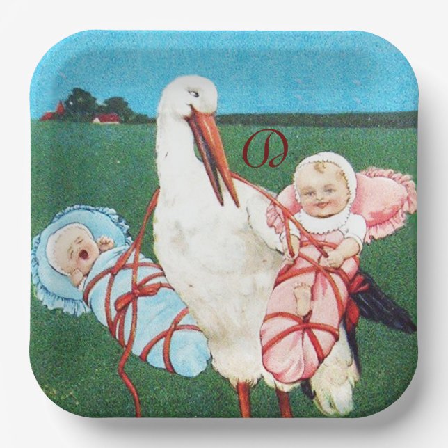 ASSIETTES EN CARTON MONOGRAMME DU BABY SHOWER STORK TWIN (Recto)