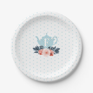 Assiettes En Carton Monogramme du Blue Polka Dot Floral Vintage Tea Pa