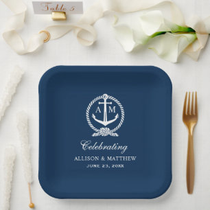 Assiettes En Carton Monogramme du Mariage d'Ancre bleu marine