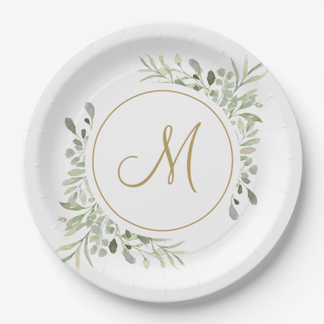 Assiettes En Carton Monogramme élégant de feuillage en écriture dorée (Devant)
