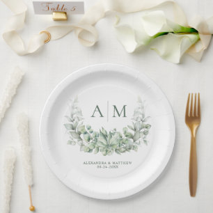 Assiettes En Carton Monogramme Elégant Eucalyptus Mariage de verdure