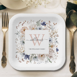 Assiettes En Carton Monogramme Élégant Jolies Fleurs Beige Bleu Floral