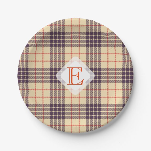 Assiettes En Carton Monogramme, élégant tartan écossais en plaid beige (Devant)