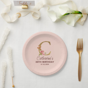 Assiettes En Carton Monogramme en or lettre C Roses rose tendre