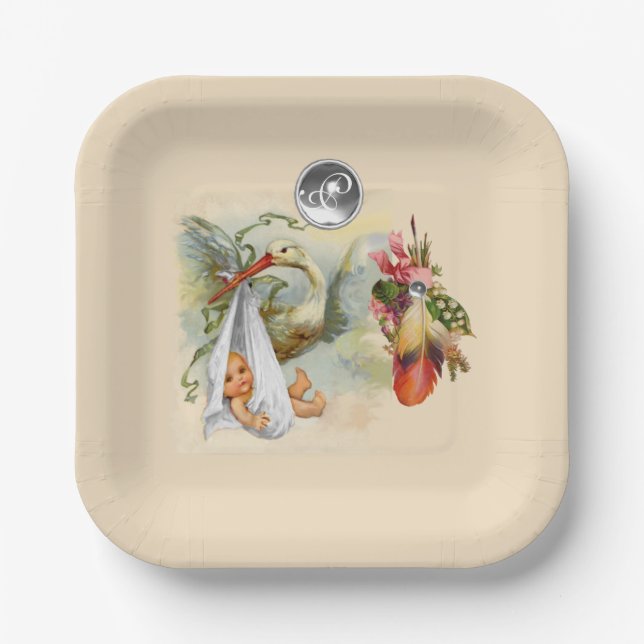 ASSIETTES EN CARTON MONOGRAMME EN PIERRE BLANCHE DU BABY SHOWER NEUTRE (Recto)