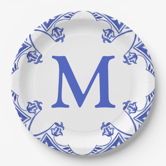 Assiettes En Carton Monogramme en tuiles florales bleues et blanches (Devant)