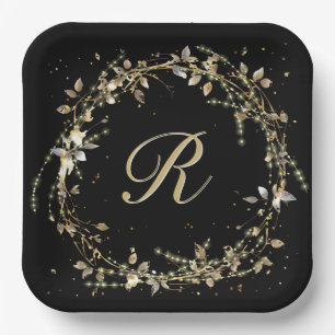 Assiettes En Carton Monogramme En Wirlande Dorée Sur Noir