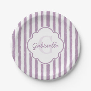 Assiettes En Carton Monogramme et nom à rayures peintes violet démodé