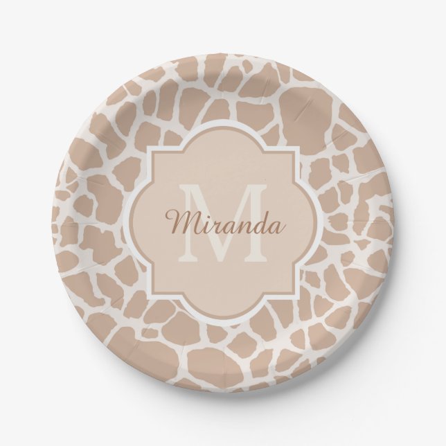 Assiettes En Carton Monogramme et nom brun clair chics d'impression de (Devant)