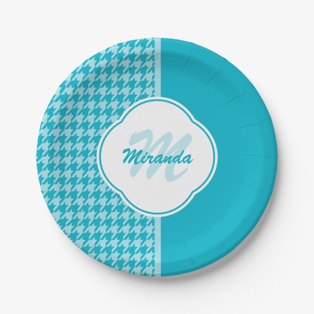 Assiettes En Carton Monogramme et nom du pied de muscade turquoise mod (Devant)