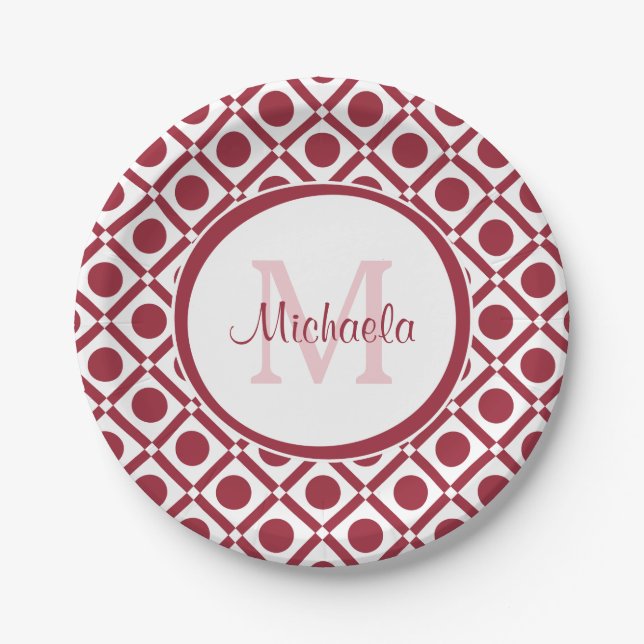 Assiettes En Carton Monogramme et nom géométrique rouge et blanc moder (Devant)