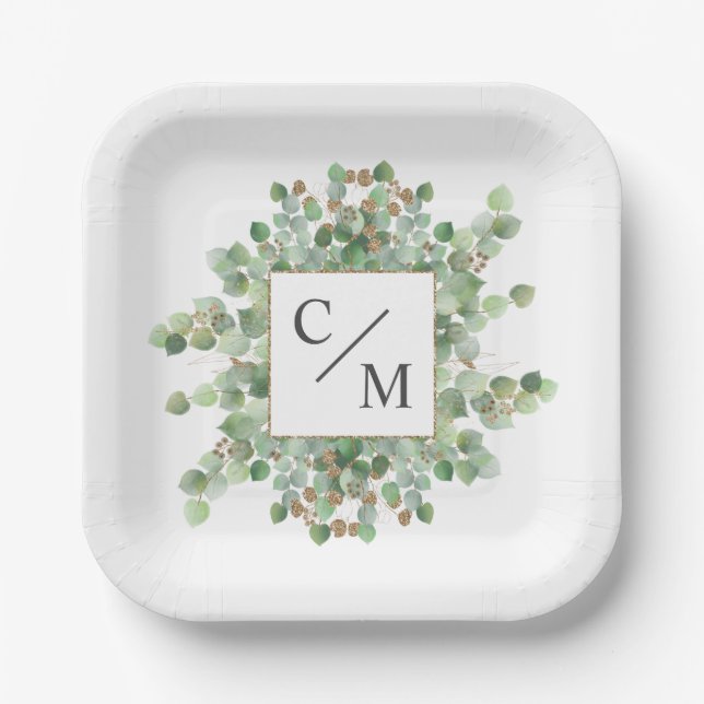Assiettes En Carton Monogramme Eucalyptus Dizaines de Brownies (Recto)