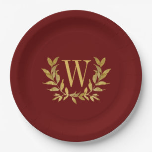 Assiettes En Carton Monogramme Feuille d'or rouge Élégant Mariage chic