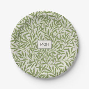 Assiettes En Carton Monogramme Feuille vintage vert saule