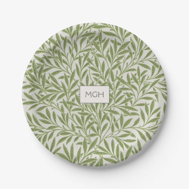 Assiettes En Carton Monogramme Feuille vintage vert saule (Devant)