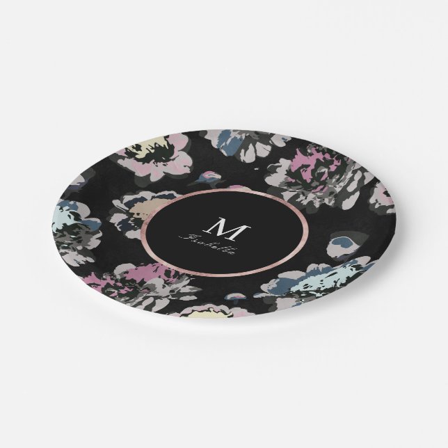 Assiettes En Carton Monogramme floral abstrait noir classique moderne (Angle)